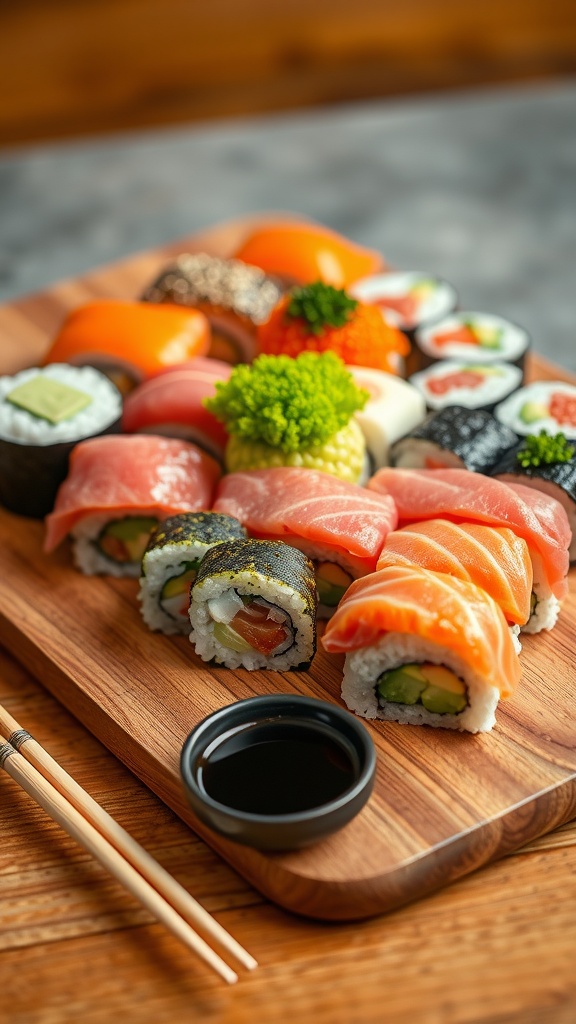 Artistic sushi rolls displayed on a wooden board with soy sauce and chopsticks.